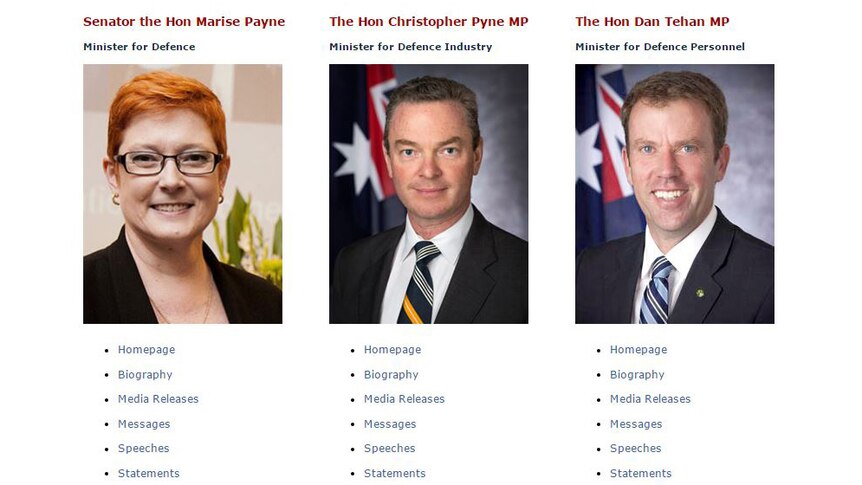 A screen shot of an Australian Government page featuring Marise Payne, Christopher Pyne and Dan Tehan.