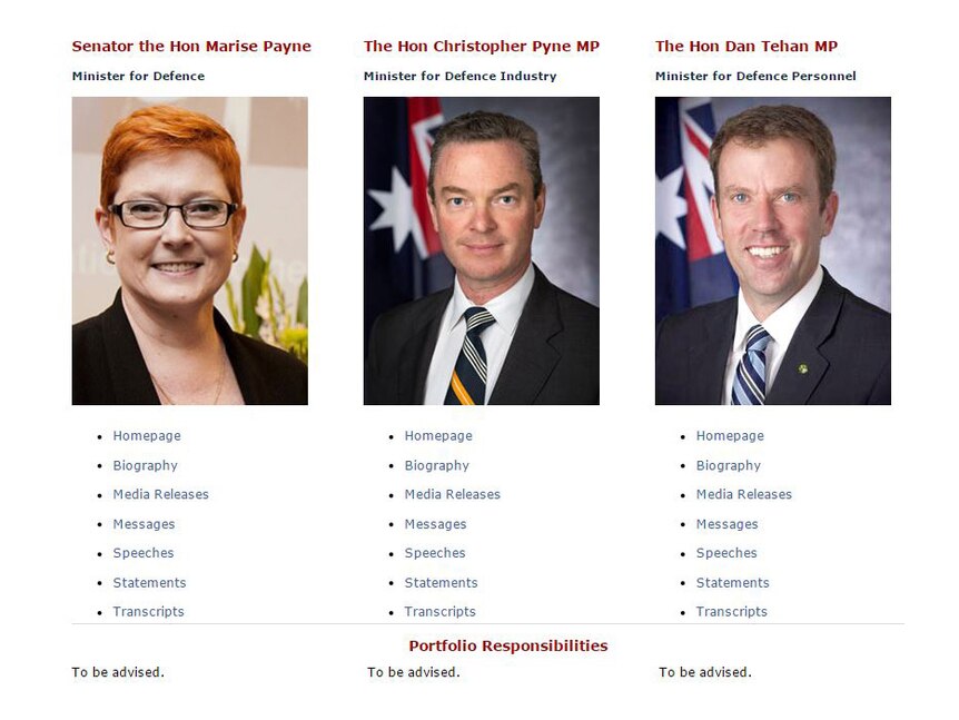 A screen shot of an Australian Government page featuring Marise Payne, Christopher Pyne and Dan Tehan.