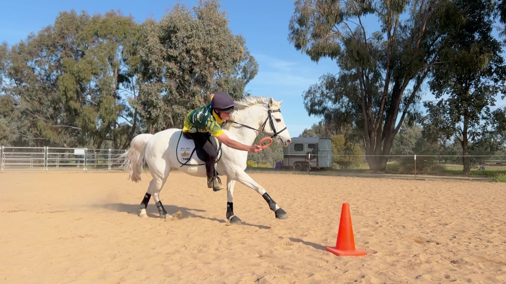 A man in a green shirt riding a white pony on a sandy field. He's leaning off the pony and placing a ring on an orange cone.