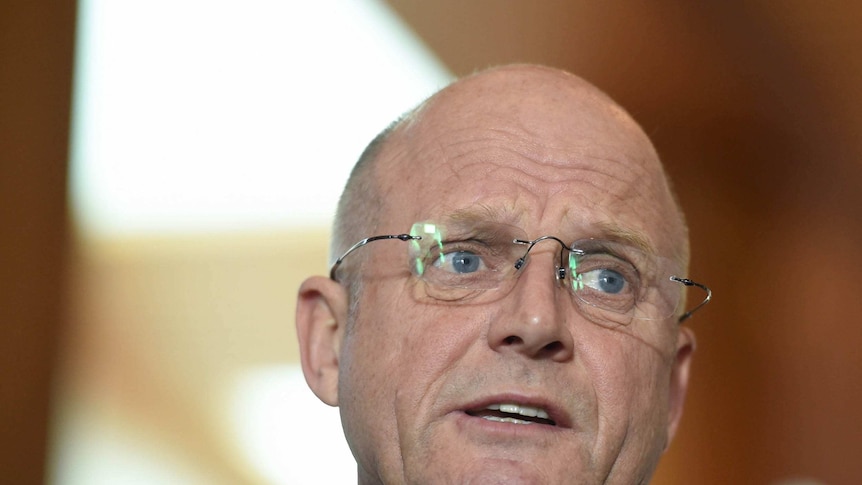 A head shot of David Leyonhjelm, wearing glasses, looking concerned