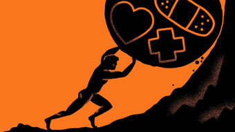 A illustration shows a person pushing a boulder with a first-aid symbol and a band-aid up a hill.