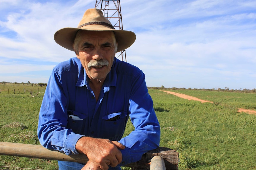 Man in blue shirt and large hat leans on fence post with green grass and windmill in background