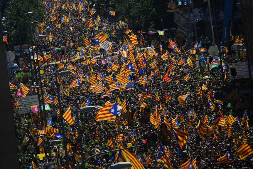 Thousands of people pack a street with independence flags on Catalan National Day.