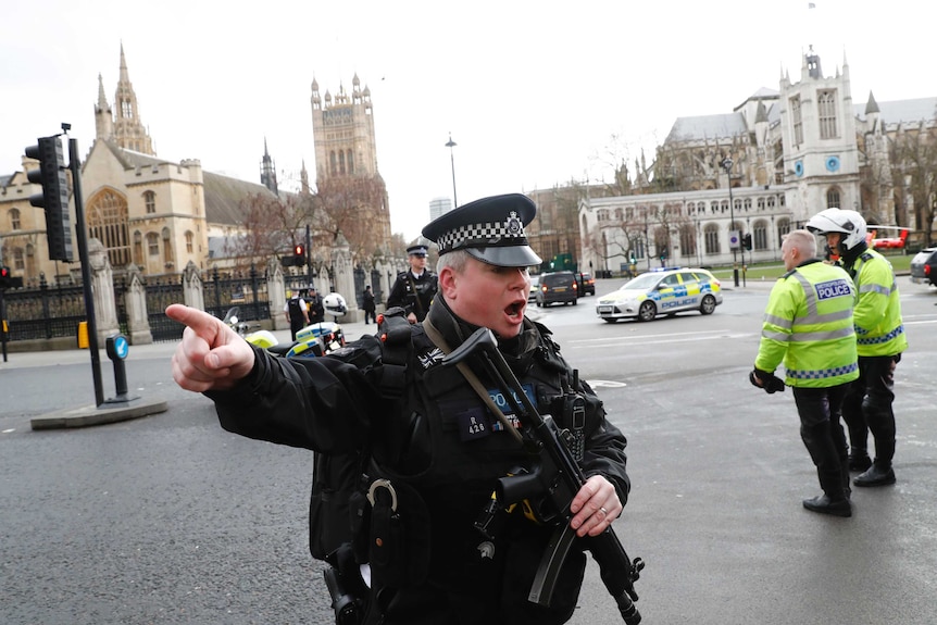 Armed police respond outside Parliament during an incident on Westminster Bridge in London