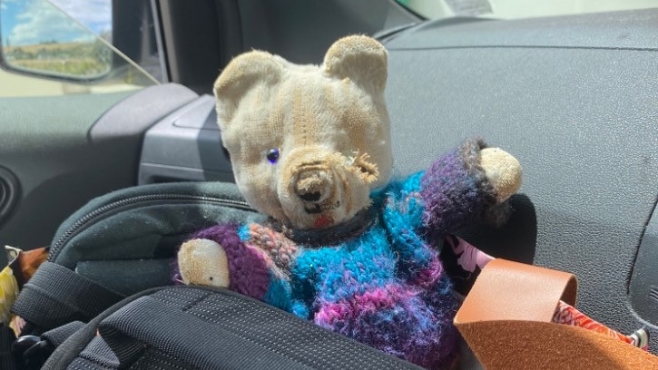 An old teddy bear dressed in a coloured knitted jumper.