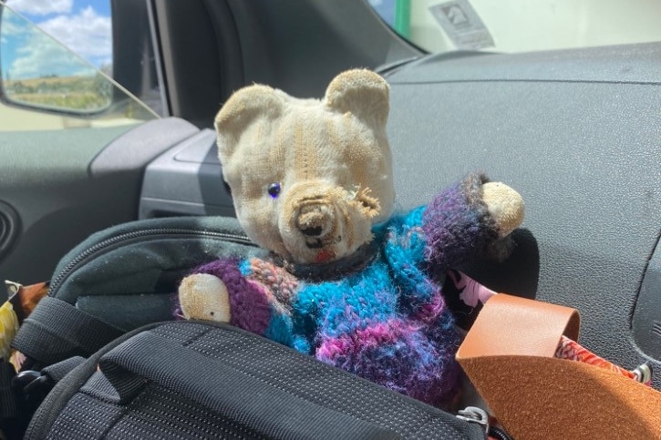 An old teddy bear dressed in a coloured knitted jumper.