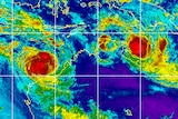 Badass infrared colour map which shows the cyclones as epic red blobs menacing the coasts