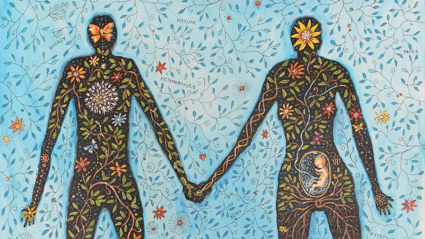 A painting of two silhouetted figures, with colourful plants and flowers painted over their bodies.