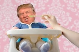 A photoshopped image shows Donald Trump as a baby in a high chair refusing food.