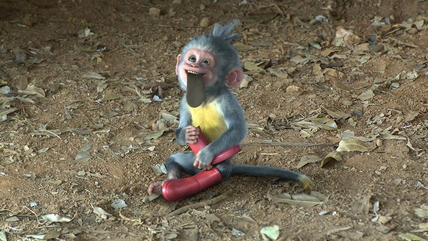 An animated brightly coloured monkey with tongue out, sits on the floor on dirt wearing red boots.