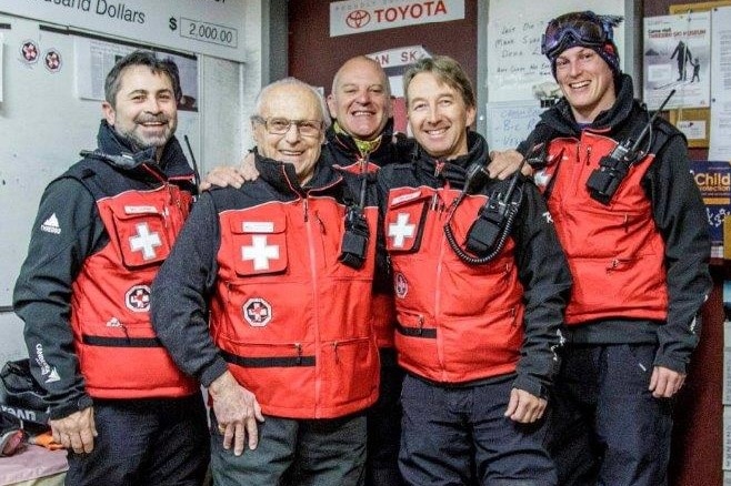 Tommy Tomasi and Thredbo patrollers together for his 80th birthday.