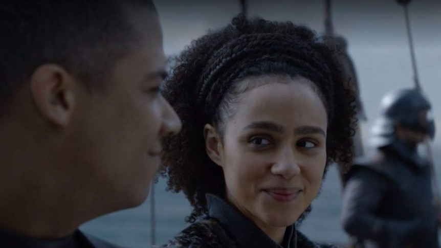 Missandei and Grey Worm exchange a smile in HBOs Game of Thrones