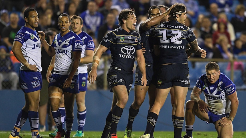 Ethan Lowe celebrates scoring against the Bulldogs