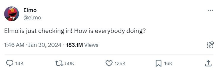 A tweet from Elmo asking "how is everybody doing?", which has more than 183 million views