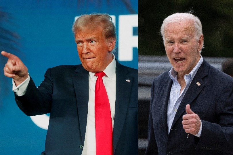 A photo of Donald Trump in a suit and tie, standing and pointing, next to a photo of Joe Biden in a jacket giving a thumbs up