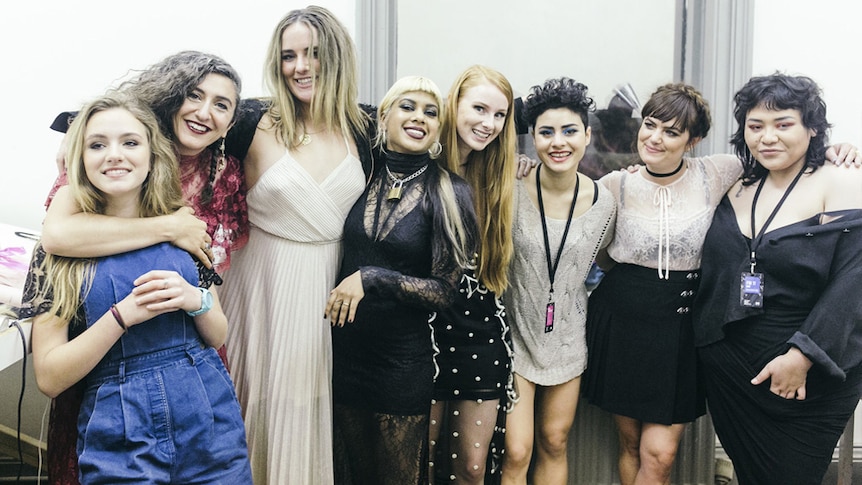 Banjo, Mama Kin, Airling, Ecca Vandal, Vera Blue, Montaigne, Julia Stone & Kira Puru backstage at  Her Sound Her Story concert