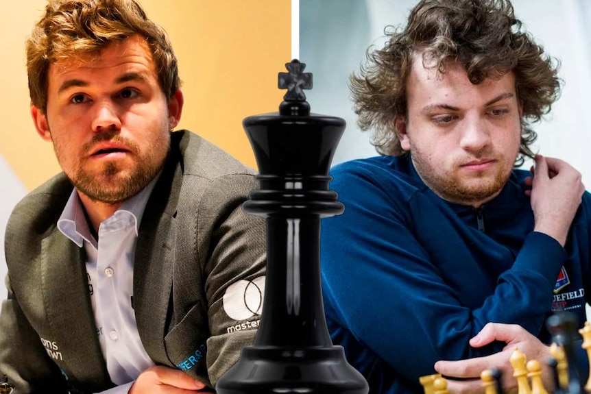 A collage of Magnus Carlsen and Hans Niemann separated by a chess piece.