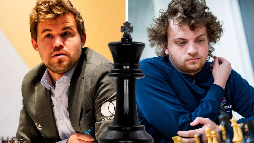 A collage of Magnus Carlsen and Hans Niemann separated by a chess piece.