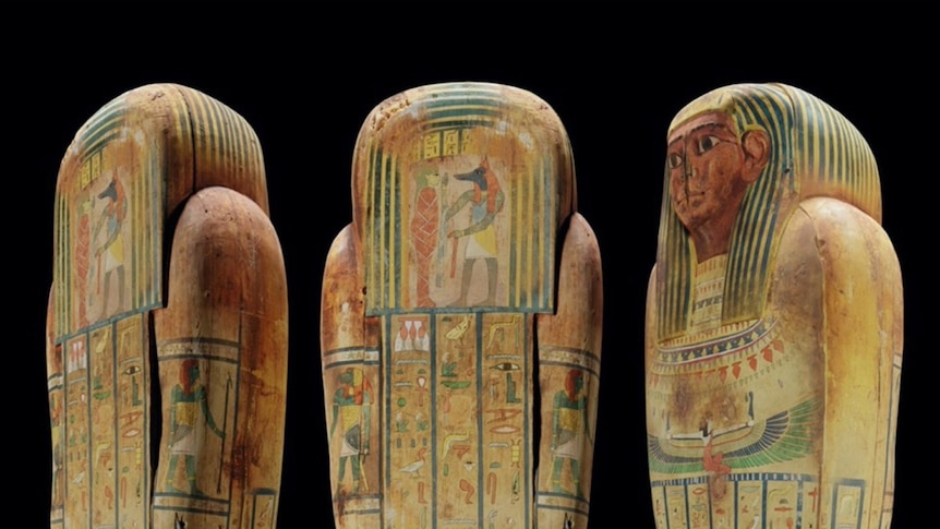 Three different perspectives of a patterned coffin from Ancient Egypt