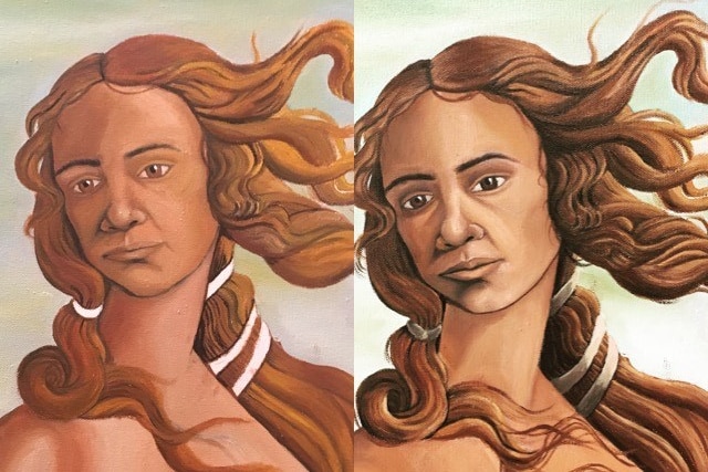 Two similar paintings side by side, in process of painting. It is the image of Venus.