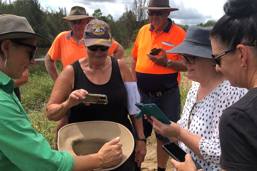 People gathered around a hat with a hatchling in it.