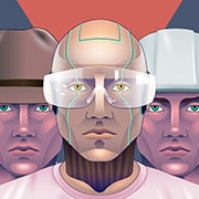An illustration shows a robot wearing safety goggles, alongside a farmer and a construction worker.