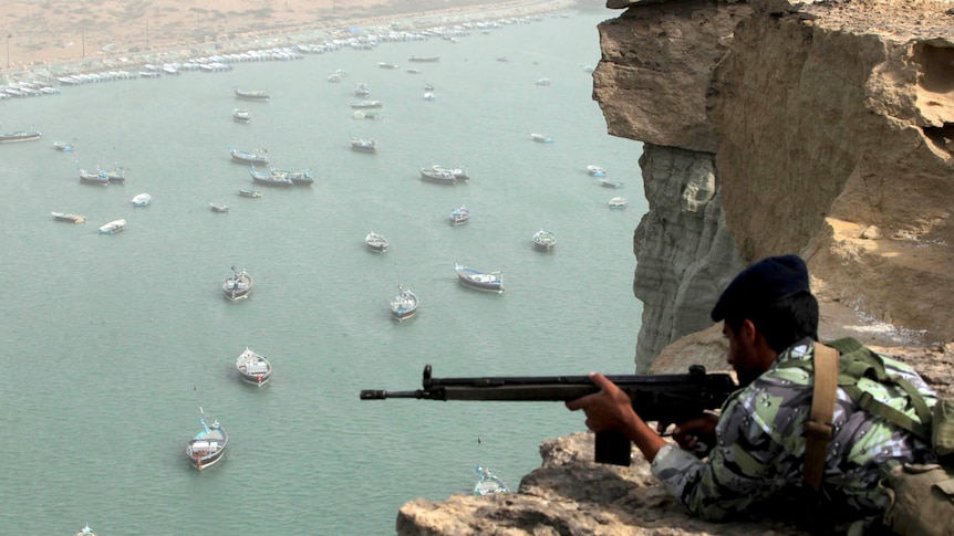 An Iranian military soldier participates in the Velayat-90 war game