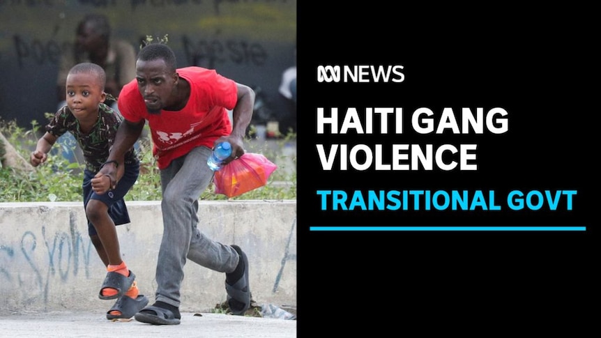 Haiti Gang Violence, Transitional Govt: A man and a boy run crouching holding hands.