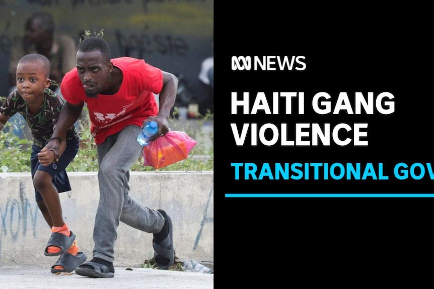 Haiti Gang Violence, Transitional Govt: A man and a boy run crouching holding hands.