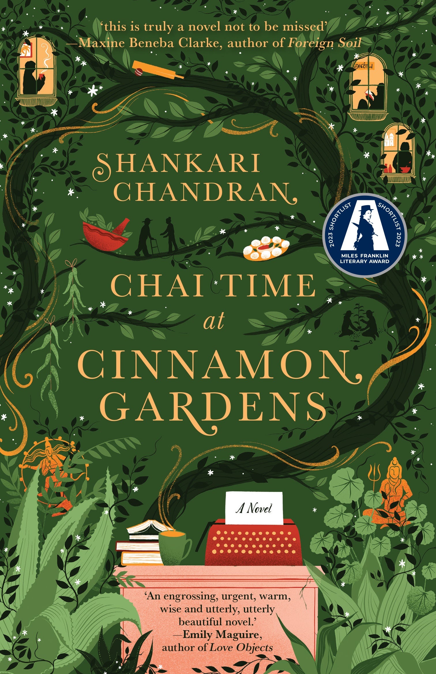 A book cover showing a green background and a whimsical illustration of a garden, winding vines, and open windows