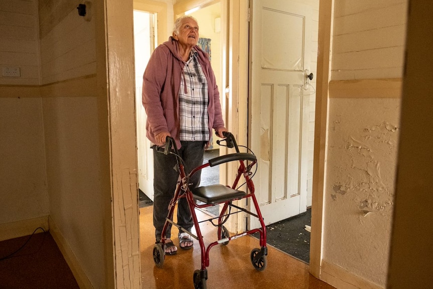 An elderly woman holds onto a walker as she stands inside a house. 