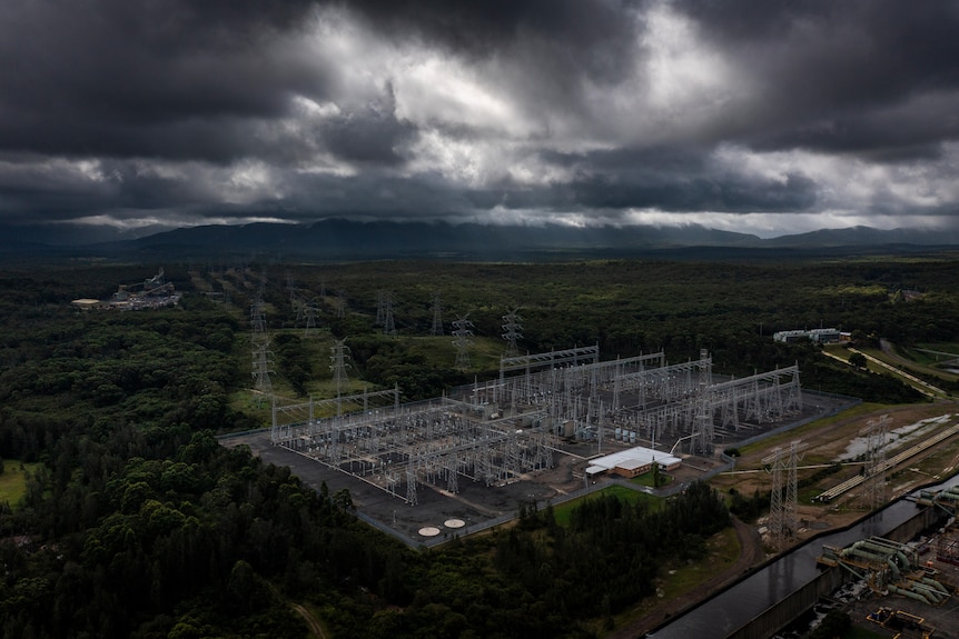 An overhead shot of electricity station on a cloudy day