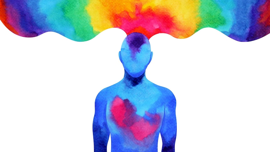 An illustration showing a kaleidoscope of rainbow colours emerging from the head of a human being