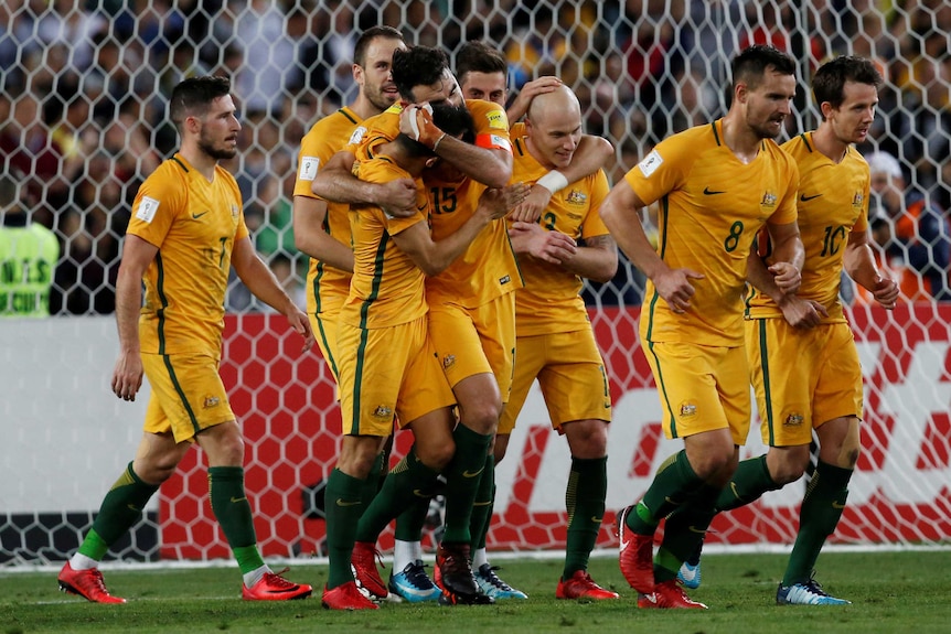 Socceroos' Mile Jedinak celebrates after goal against Honduras