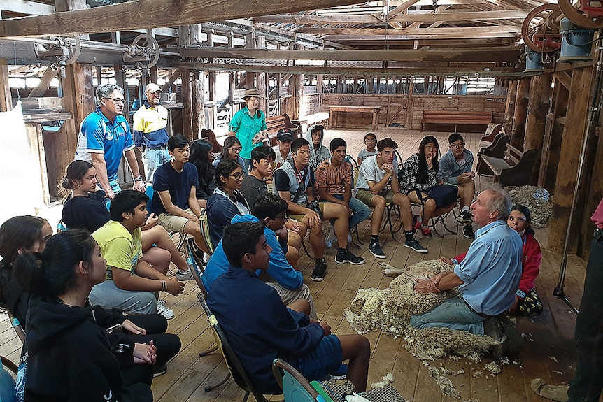 School students hear farmer Ian McCutcheon explains farming life, in his shearing shed on Berida farm at Gilgandra