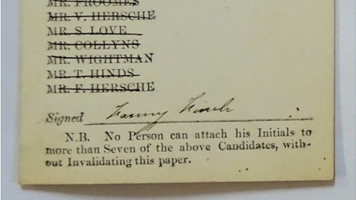 Photograph of ballot paper showing Fanny Finch's signature and names of candidates crossed out