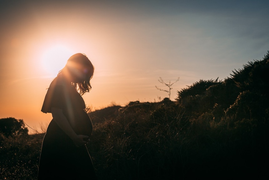 A silhouette of a pregnant woman outside.