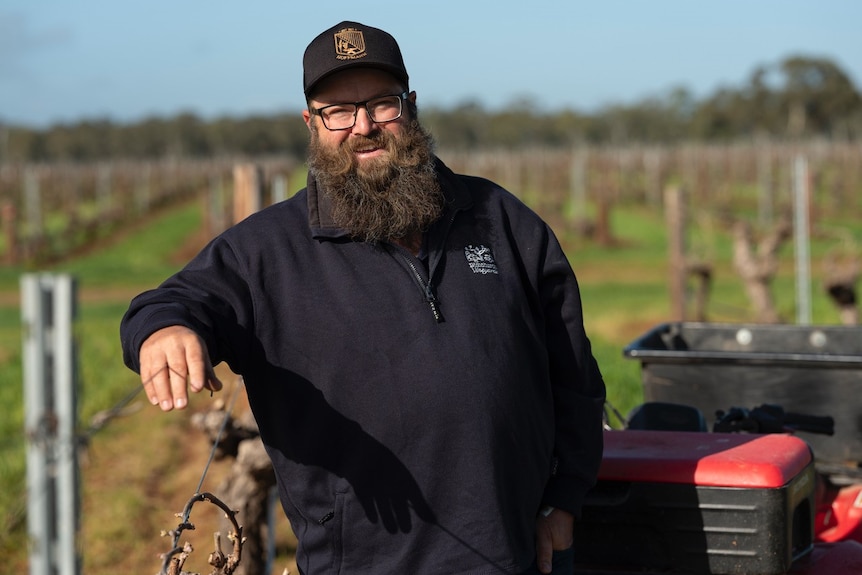 A man with a big beard is smiling standing in a vineyard. It's looks like a cold but clear day. 