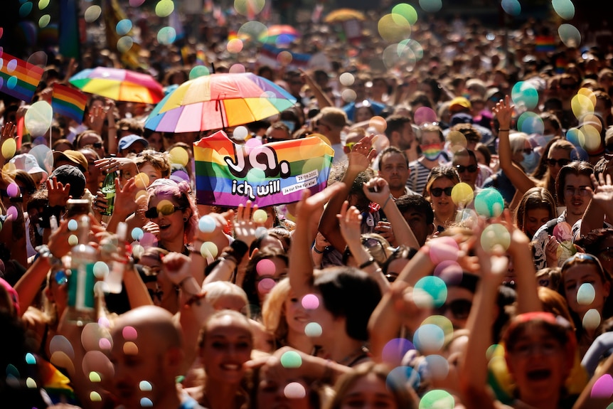 Crowds of same-sex marriage supporters take part in a march in Zurich