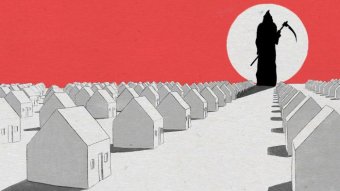 A graphic of a grim reaper standing above rows of houses