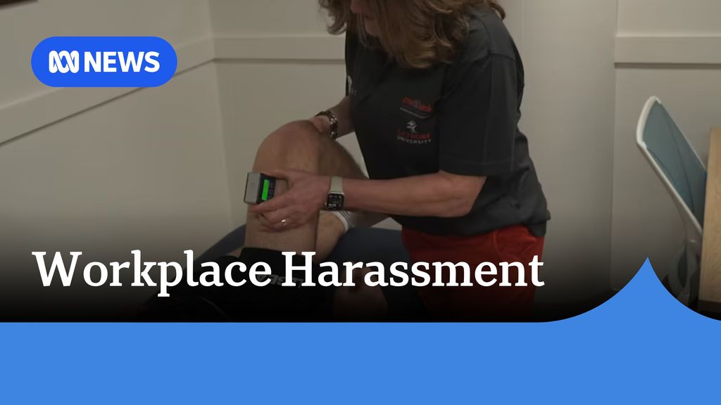 Workplace Harassment: A woman with her face unseen manipulates a patient's knee.