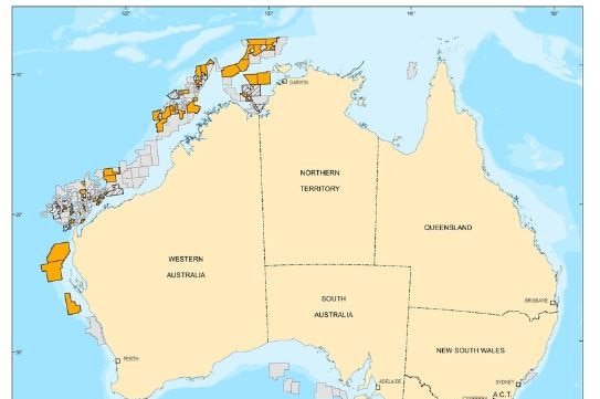 Map of Australia with potential areas of release for oil and gas exploration in orange.
