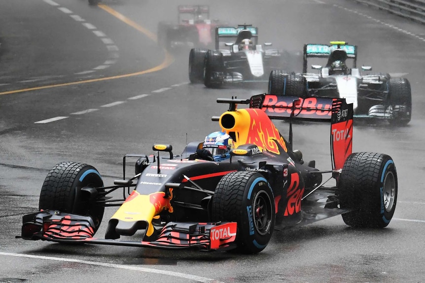 Ricciardo's car races around the Monaco track