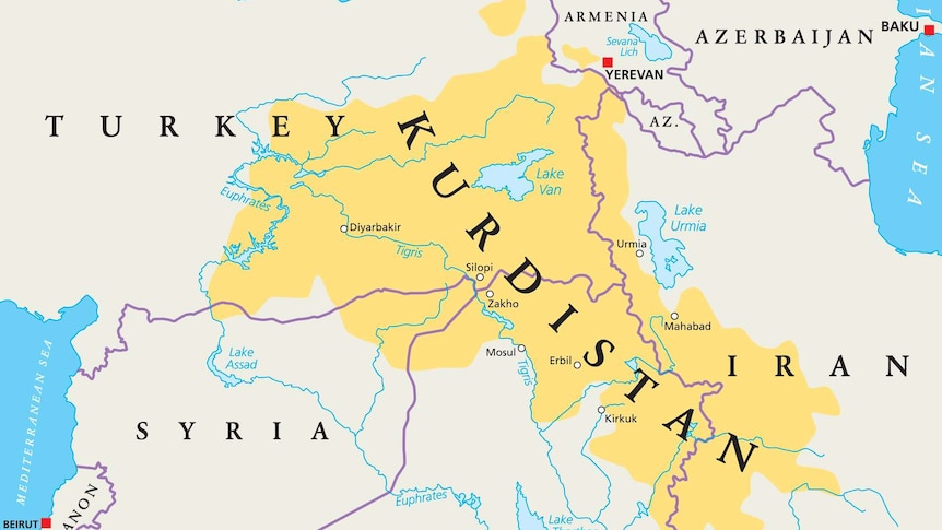 map showing the Kurdistan autonomous region marked in yellow across turkey, iran, iraq, syria and other countries.