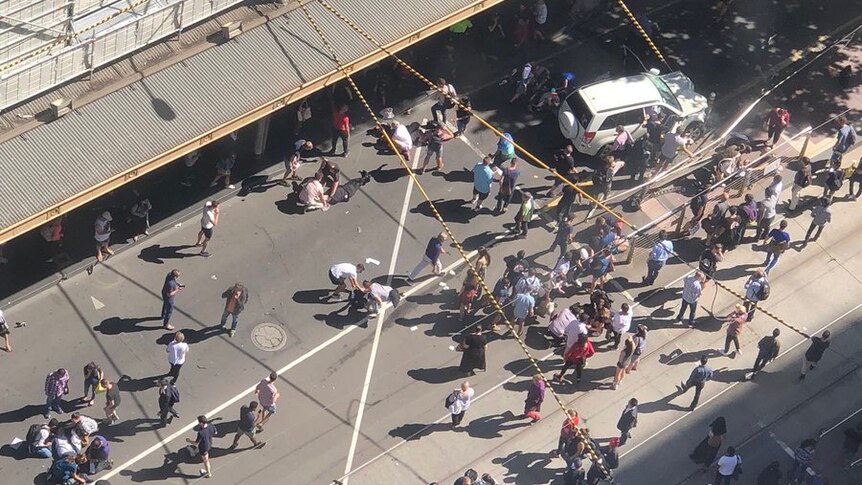 Aerial picture of a car that hit several pedestrians in Melbourne's CBD.