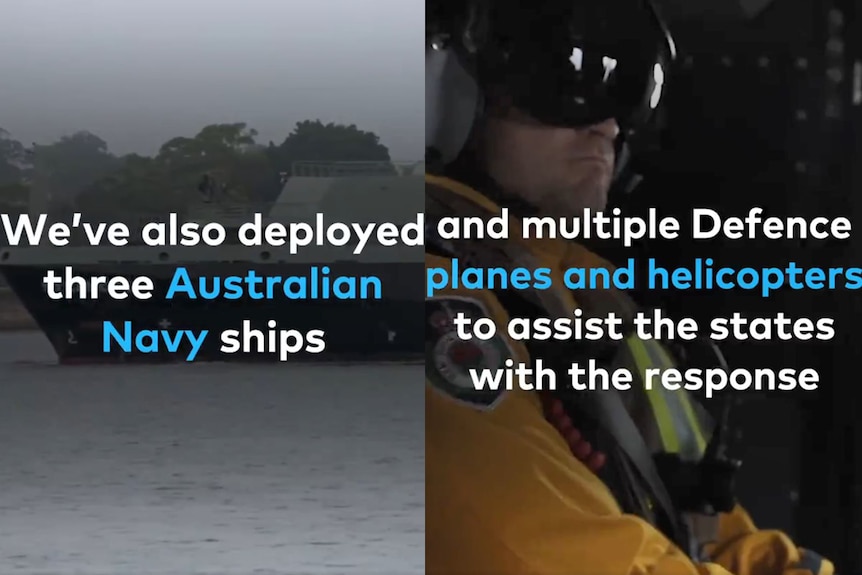Two video frames show a Navy ship and a helicopter pilot with text overlaid.