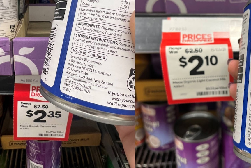 photo of two coconut milk tins with a price tag in the background. One says $2.10 and the second says $2.35