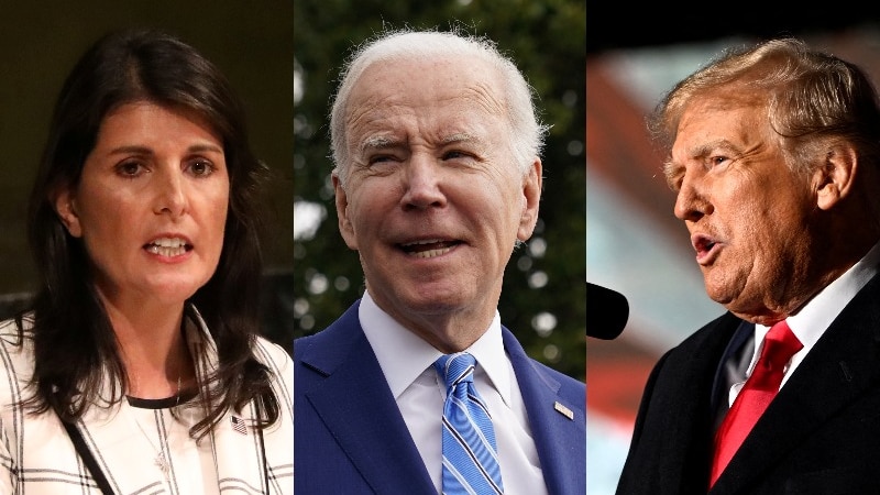 A composite image showing Nikki Haley, Joe Biden and Donald Trump.