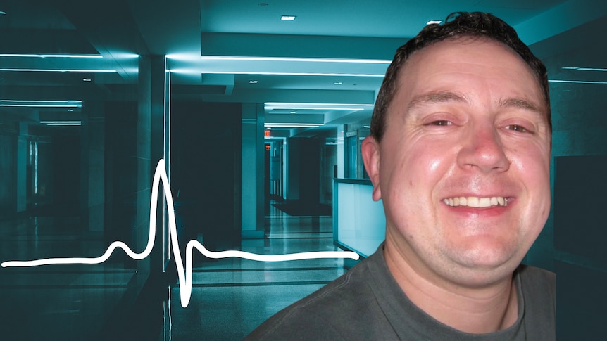 A man's face in front of a generic hospital background with an added heart beat symbol