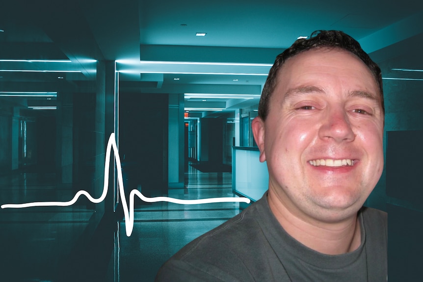A man's face in front of a generic hospital background with an added heart beat symbol